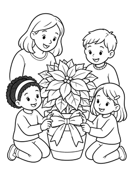 Children and a parent add a bow on this pointsetta coloring page.