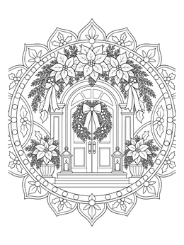 An intricate pointsetta coloring page showing a holiday doorway surrounded by floral patterns.