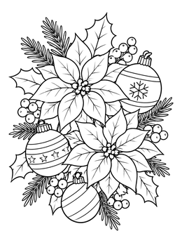 A festive pointsetta coloring page with Christmas baubles, pine needles, and holly berries.