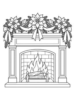 A cozy hearth with a burning fire and pointsetta coloring page garland draped across the mantel.