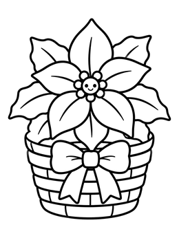 A smiling pointsetta coloring page inside a woven basket decorated with a big bow.