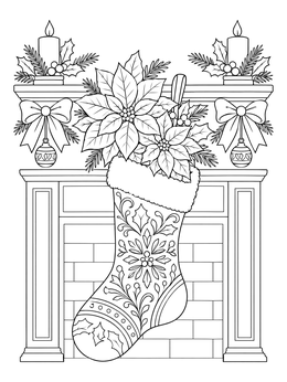A festive pointsetta coloring page featuring a holiday stocking hanging from a decorated fireplace mantel.