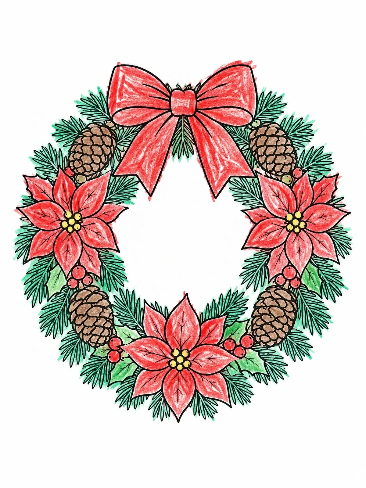 Colored example of the Holiday Wreath With Poinsettias And Pinecones coloring page