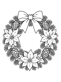 Festive pointsetta coloring page featuring a holiday wreath with pinecones and a large bow.