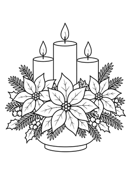 A festive pointsetta coloring page featuring three pillar candles, poinsettia blooms, and pine branches.