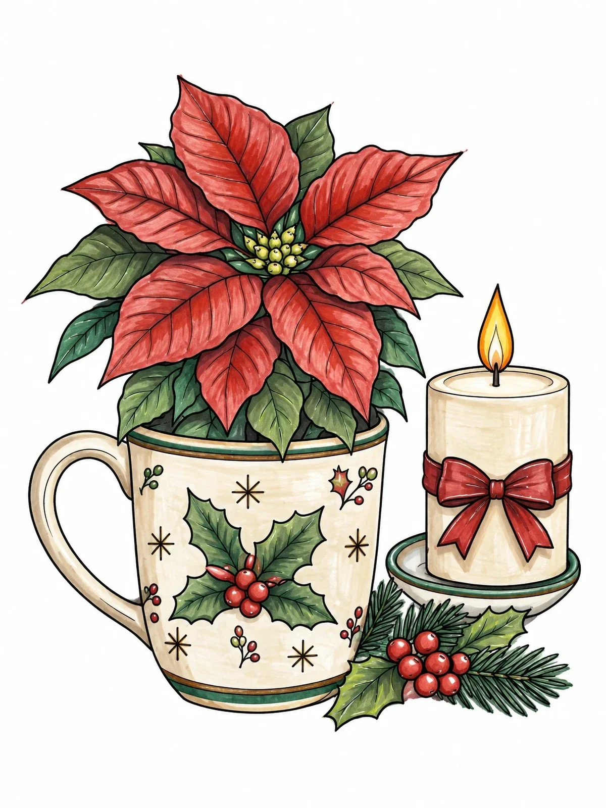 Colored example of the Poinsettia In Ceramic Holiday Mug coloring page