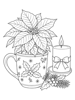 A festive pointsetta coloring page featuring a blooming plant in a patterned mug next to a lit candle.