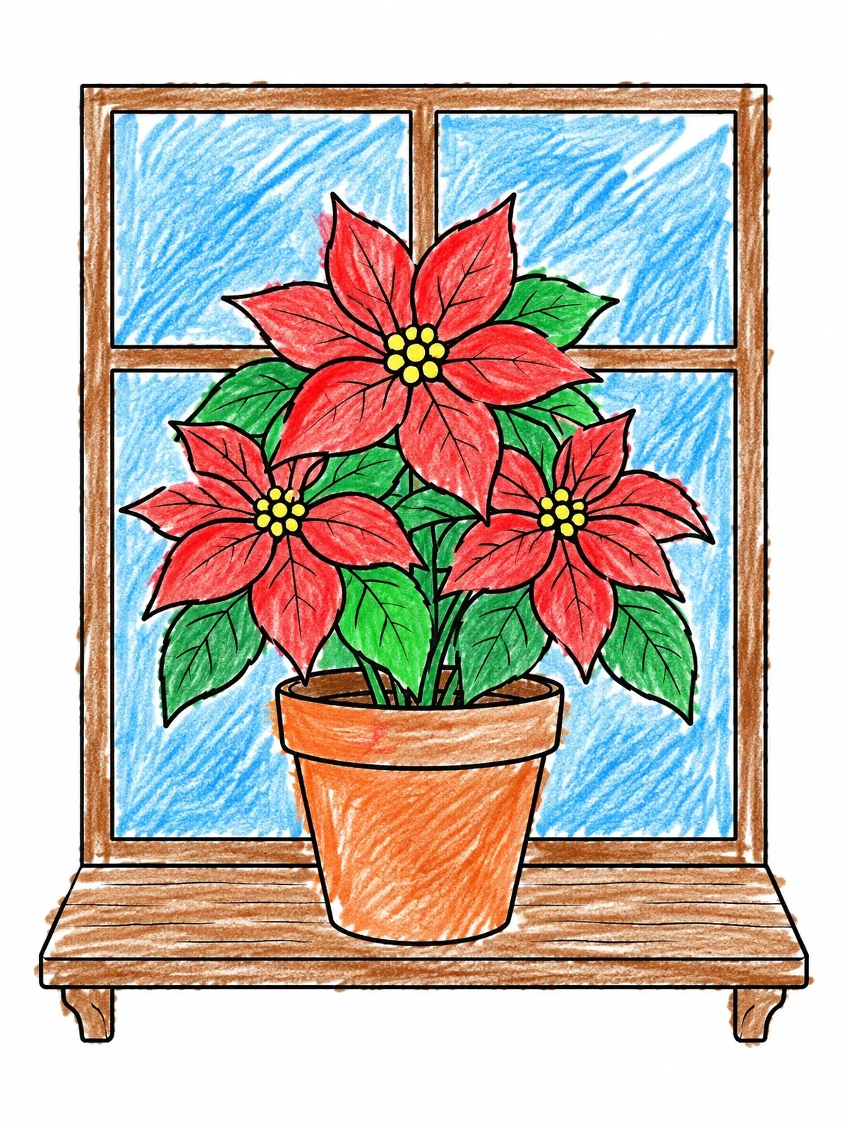 Colored example of the Poinsettia Plant On Window Sill coloring page