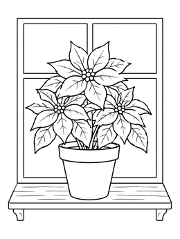 A potted pointsetta coloring page sitting neatly on a window sill.