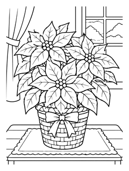 A festive pointsetta coloring page with blooming flowers in a basket by the window.