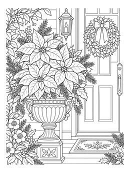 A detailed pointsetta coloring page with a festive urn arrangement beside a decorated front door.