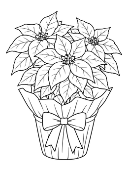 Festive pointsetta coloring page featuring a blooming potted flower wrapped with a big ribbon bow.