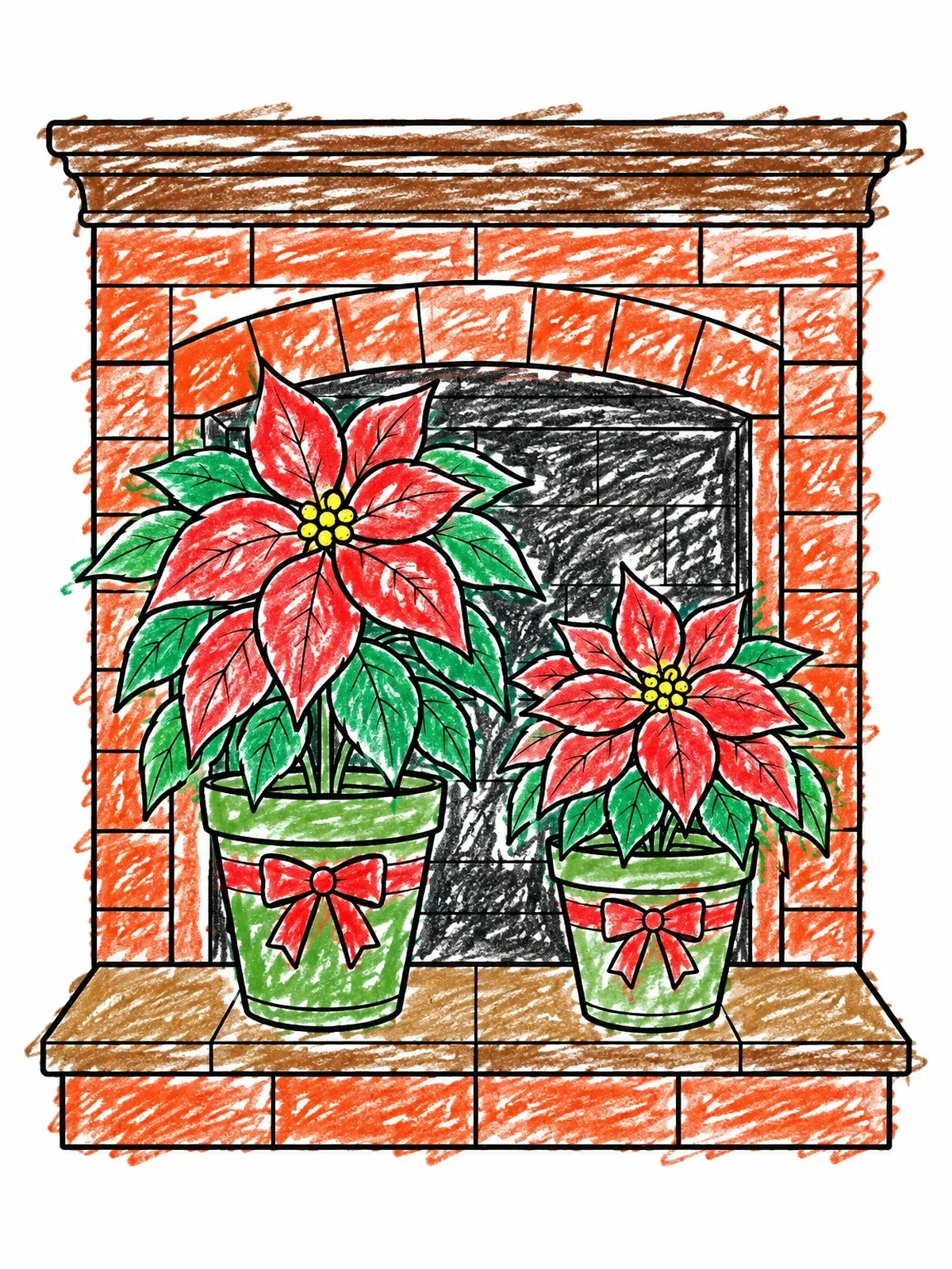 Colored example of the Potted Poinsettias By The Fireplace coloring page