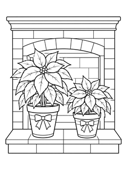 Two potted poinsettias by a cozy fireplace on this pointsetta coloring page.