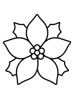 A simple pointsetta coloring page showing bold petals and holly leaves.