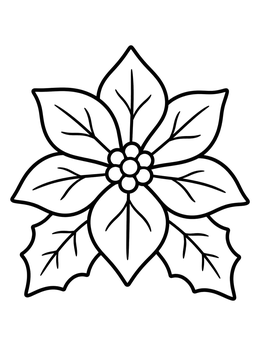 A simple poinsettia coloring page showing a large flower with outlined petals and holly leaves.