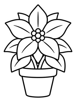 A simple potted pointsetta coloring page with bold outlines for kids.