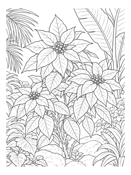 A detailed pointsetta coloring page showcasing blooming poinsettia shrubs surrounded by lush tropical foliage.