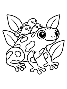 A cute frog coloring page with tiny tadpoles riding on its back among leaves.