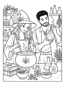 Free printable Botanical Potion Brewing Laboratory coloring page