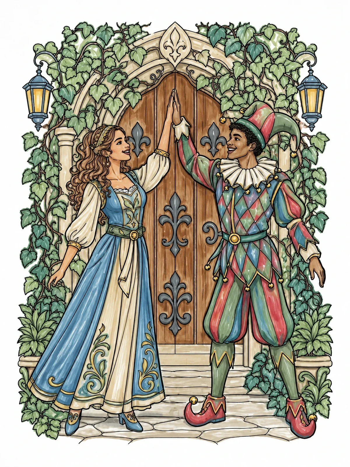Colored example of the Jester And Maiden By Ivy Arch coloring page