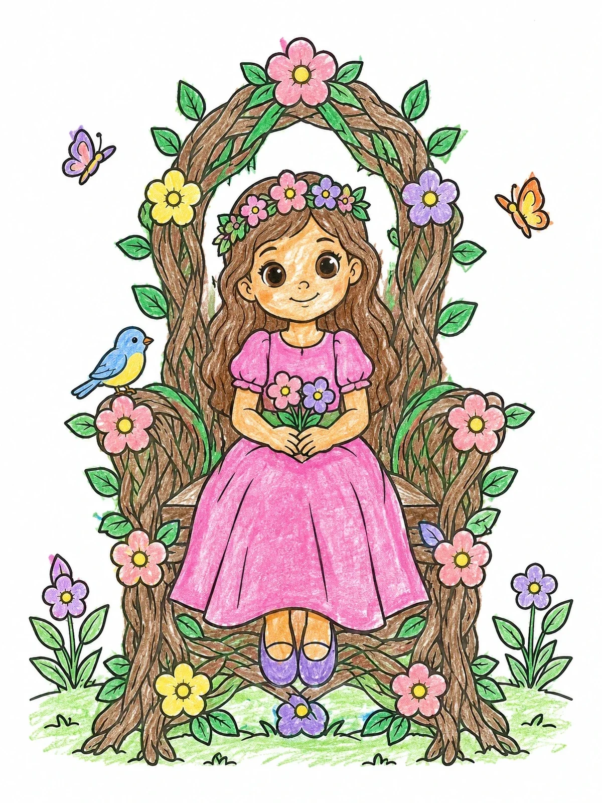 Colored example of the Little Nature Princess On Vine Throne coloring page
