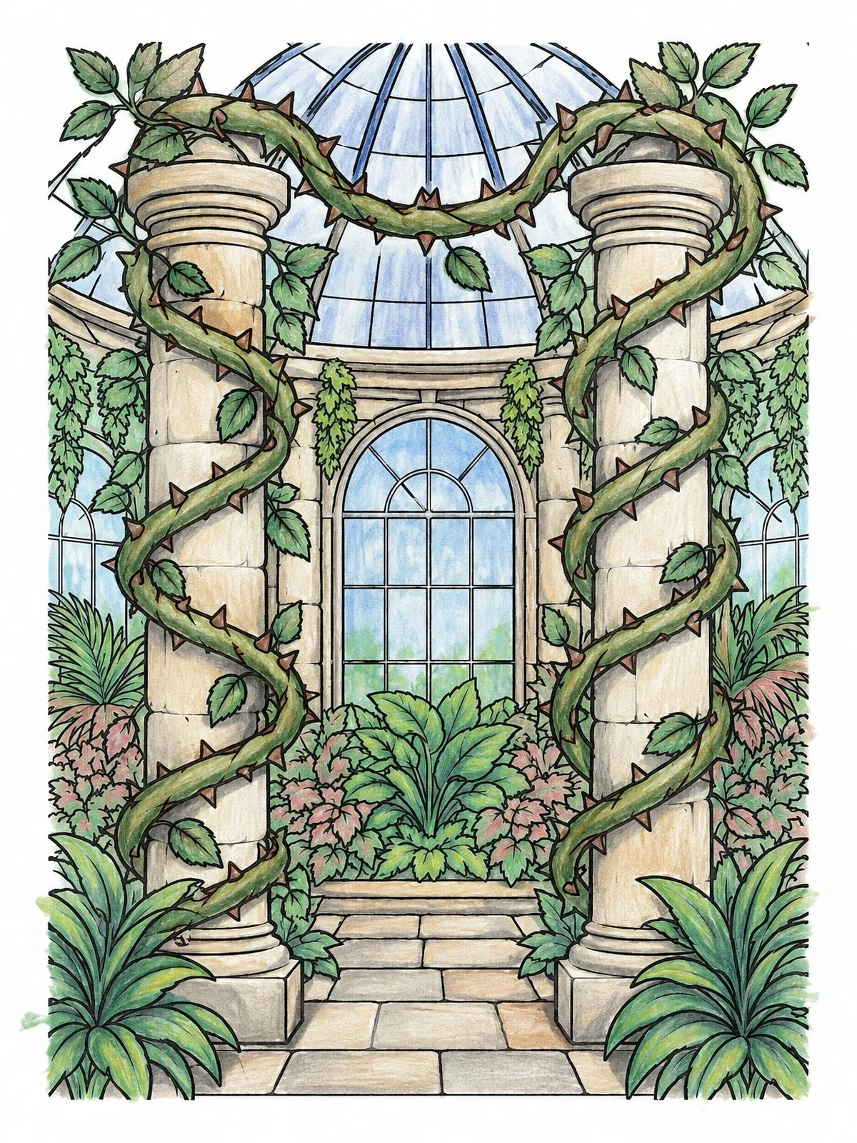 Colored example of the Thorny Vines In Botanical Conservatory coloring page