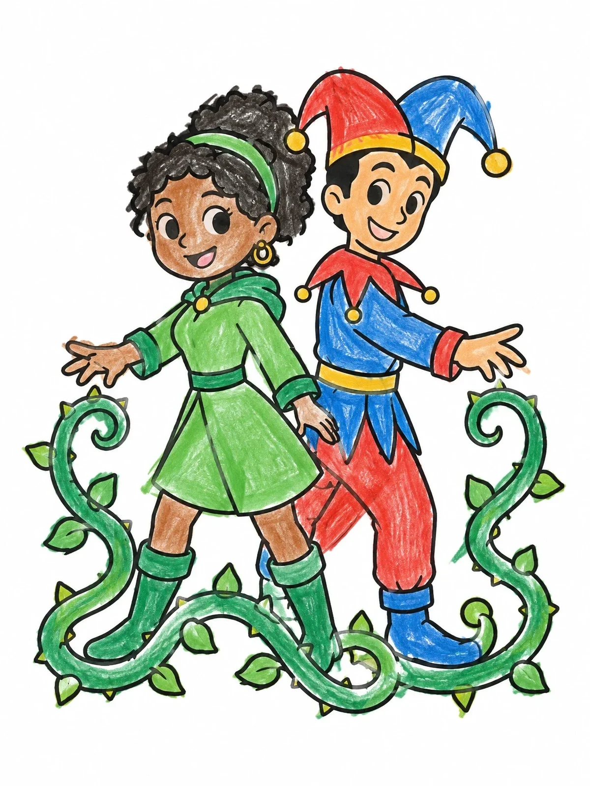 Colored example of the Vine Mage And Playful Jester coloring page