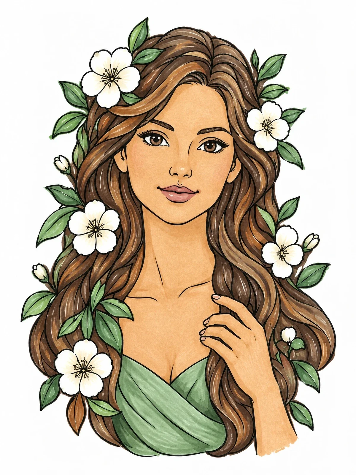 Colored example of the Woman With Flowing Hair And Ivy Blossoms coloring page