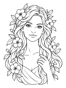 Free printable Woman With Flowing Hair And Ivy Blossoms coloring page