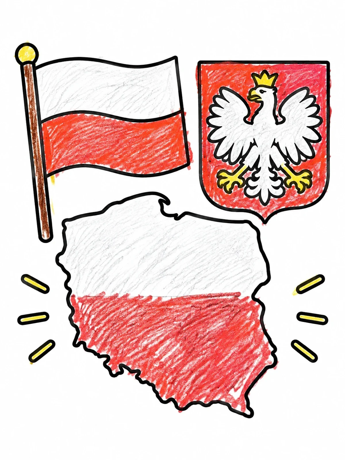 Colored example of the Poland Map, Flag And Coat Of Arms coloring page