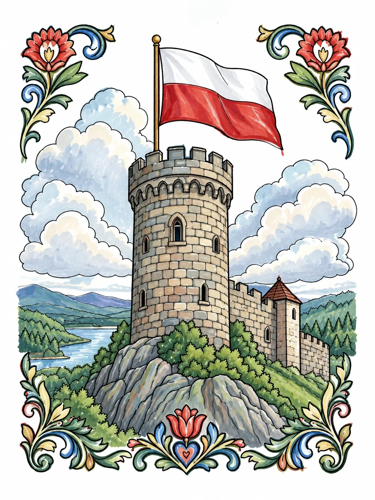 Colored example of the Polish Flag Over Castle Tower coloring page