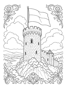 Free printable Polish Flag Over Castle Tower coloring page