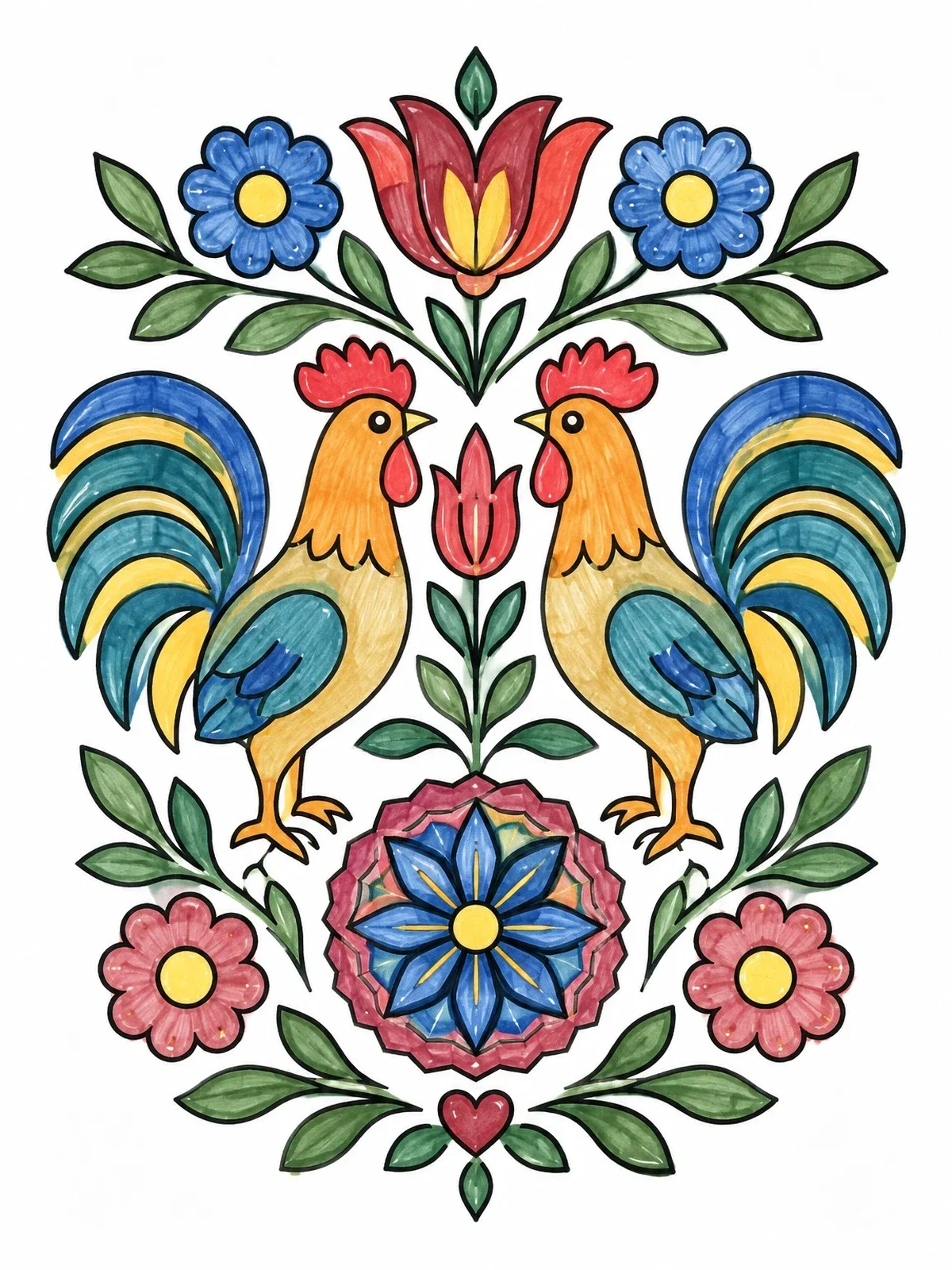 Colored example of the Polish Folk Art Roosters And Flowers coloring page