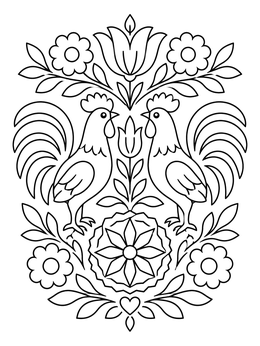 Free printable Polish Folk Art Roosters And Flowers coloring page