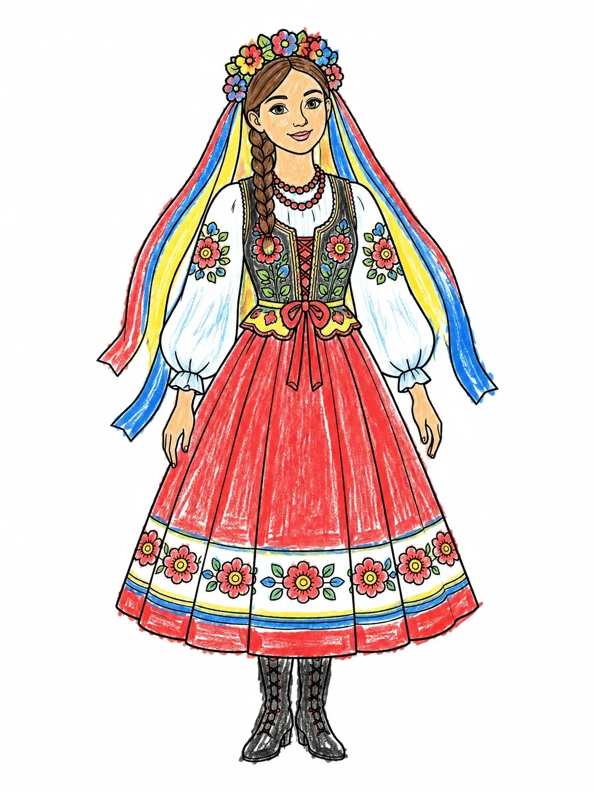 Colored example of the Polish Folk Costume Krakow Dress coloring page
