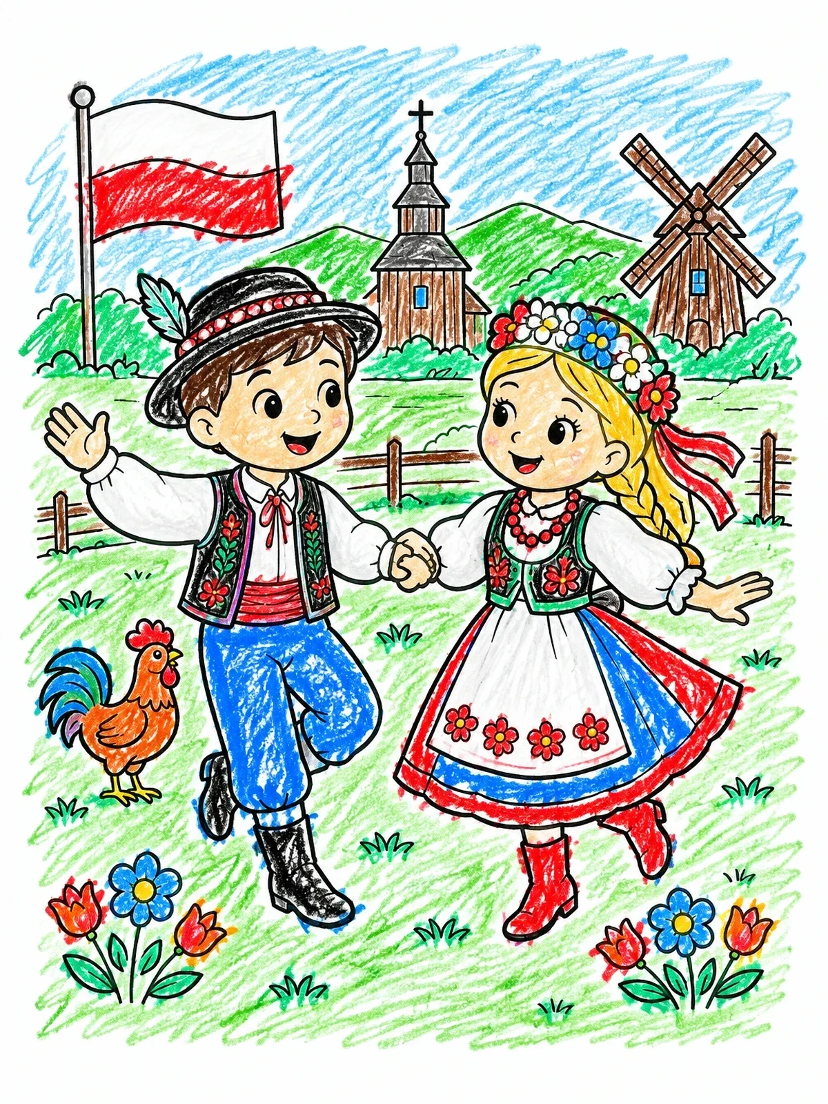 Colored example of the Polish Folk Dance In The Countryside coloring page