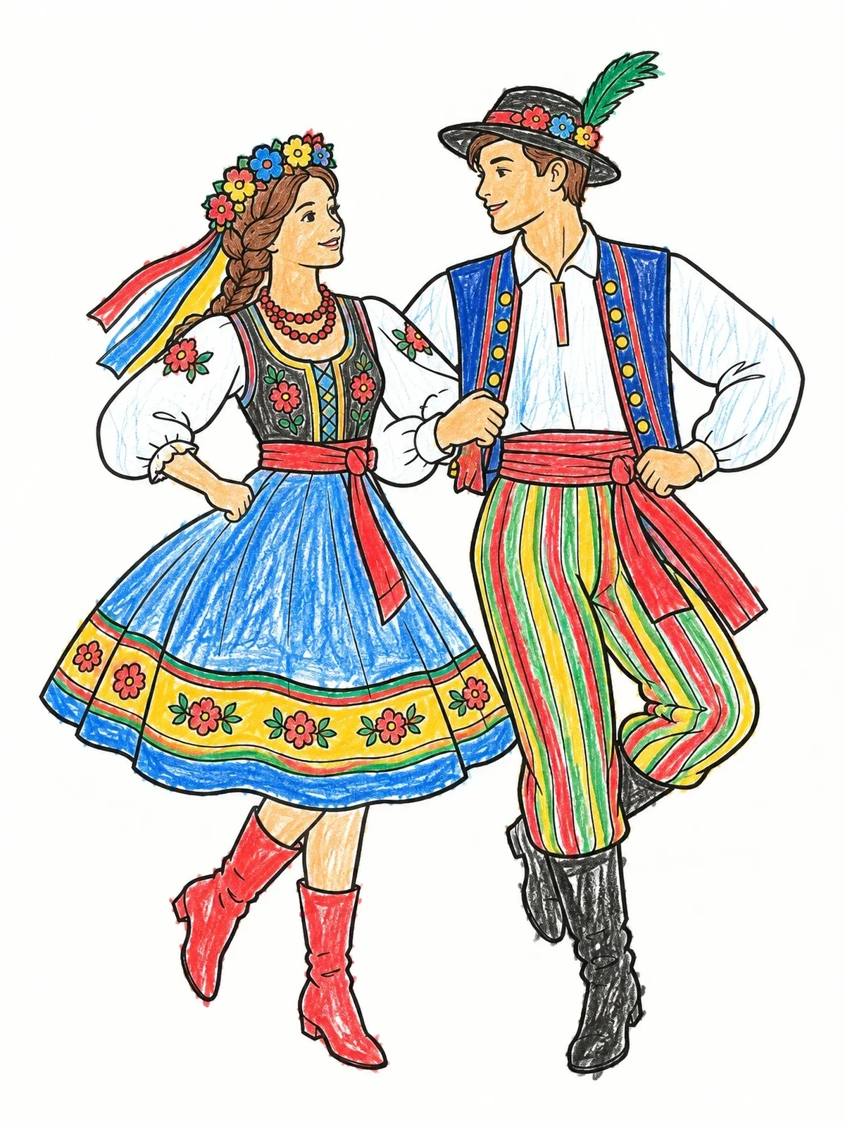 Colored example of the Polish Folk Dancers In Traditional Costumes coloring page
