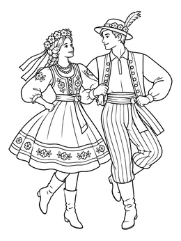 Free printable Polish Folk Dancers In Traditional Costumes coloring page