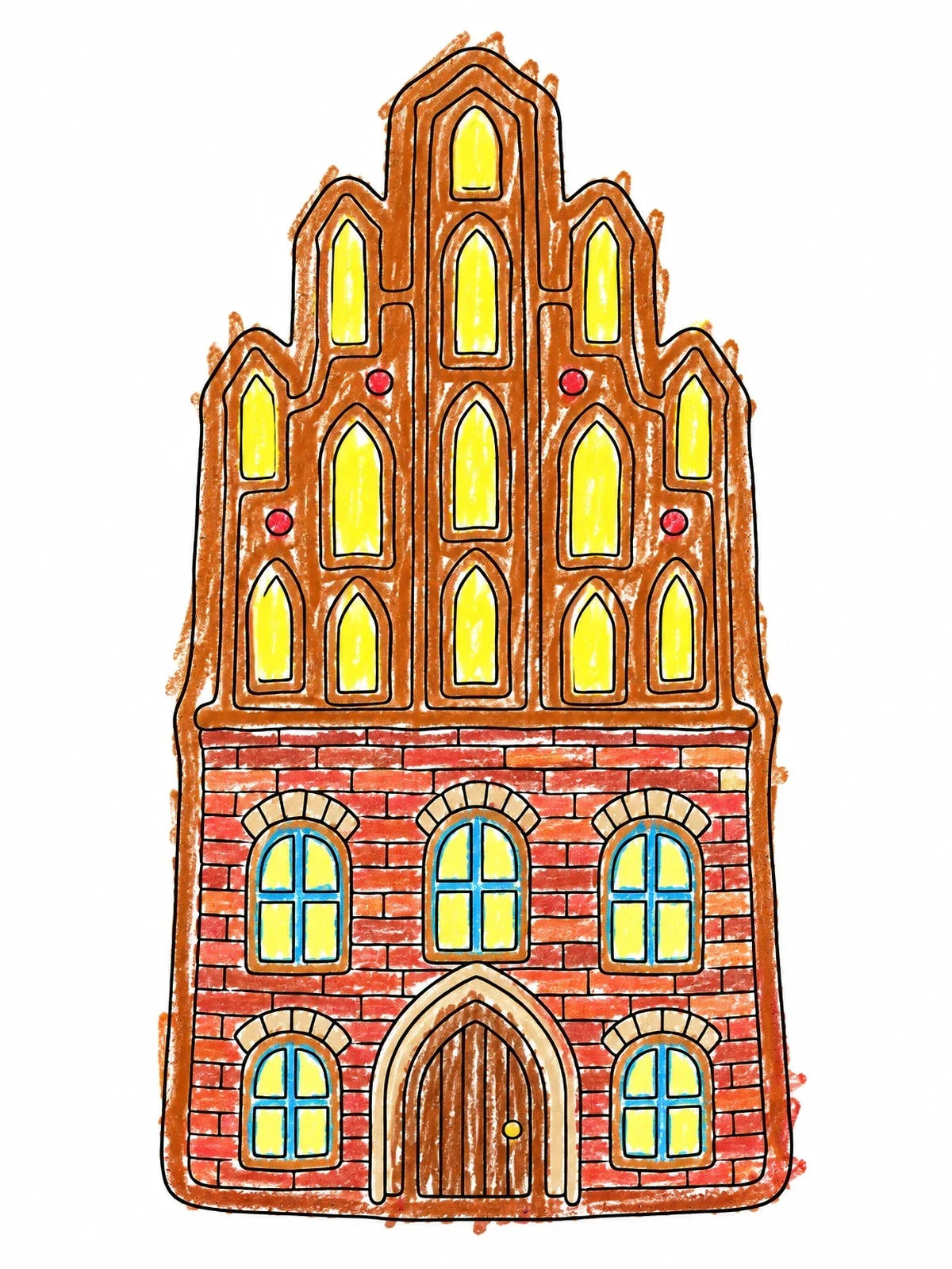 Colored example of the Traditional Polish Gingerbread House Façade coloring page