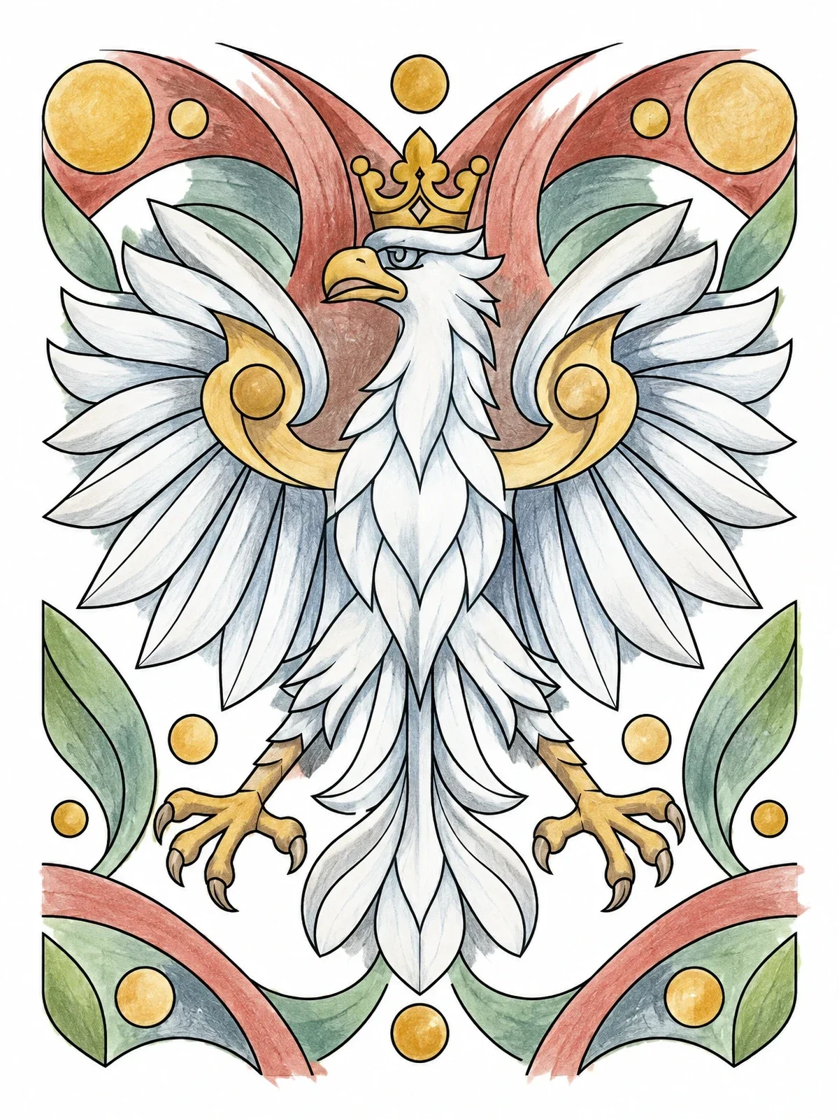Colored example of the Polish White Eagle Heraldic Emblem coloring page
