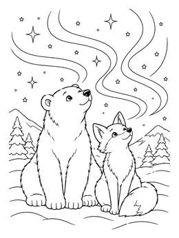 A polar bear and an arctic fox look up at the sky in this northern lights coloring page.