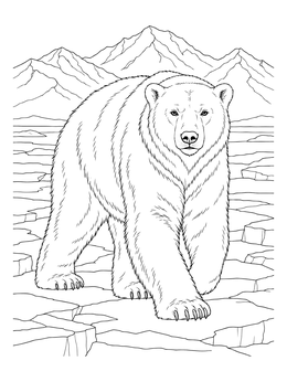 A realistic polar bear coloring page walking on pack ice in front of mountains.