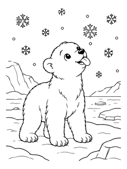 A polar bear coloring page showing a playful cub catching falling snowflakes on its tongue.