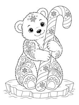 A sweet polar bear cub hugs a striped candy cane coloring page on an ice floe.