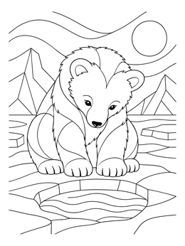 A polar bear cub looks into an ice fishing coloring page pool surrounded by glaciers.