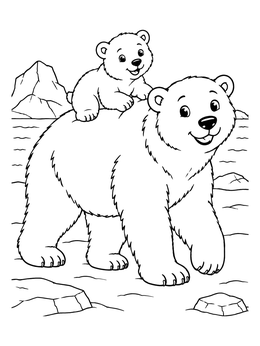 A sweet polar bear coloring page showing a playful cub sitting on its mother's back.