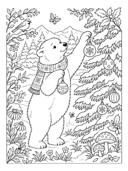 A festive polar bear coloring page showing a bear hanging ornaments on a snowy pine tree.