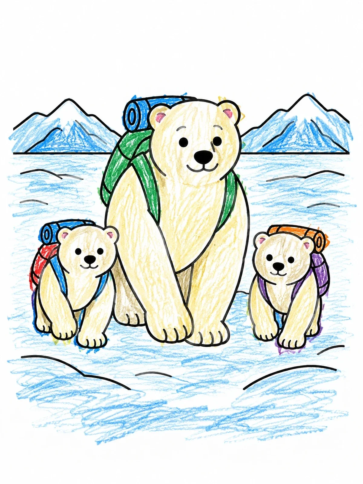 Colored example of the Polar Bear Family Hiking The Tundra coloring page