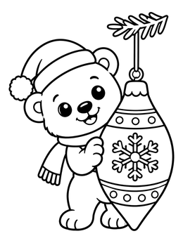 A sweet polar bear cub hugs a holiday bauble in this ornament coloring page.